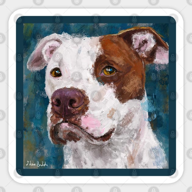 A Painting of a White and Brown Pit Bull Sticker by ibadishi